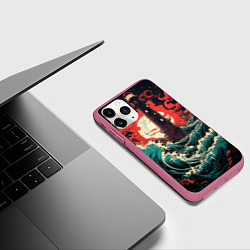Чехол iPhone 11 Pro матовый Маяк и волны в японском стиле, цвет: 3D-малиновый — фото 2