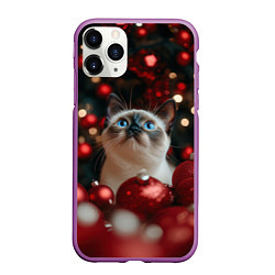 Чехол iPhone 11 Pro матовый Новогодняя белая пушистая сиамская кошка, цвет: 3D-фиолетовый