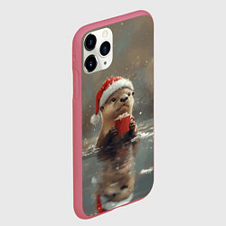 Чехол iPhone 11 Pro матовый Новогодняя выдра с кружкой кофе, цвет: 3D-малиновый — фото 2
