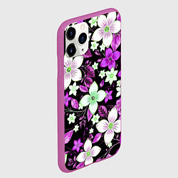 Чехол iPhone 11 Pro матовый Фиолетово-белые цветы на чёрном фоне, цвет: 3D-фиолетовый — фото 2
