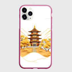 Чехол iPhone 11 Pro матовый Аппликация с японским пейзажем, цвет: 3D-малиновый