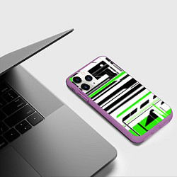 Чехол iPhone 11 Pro матовый Зелёно-белые технологические линии на чёрном фоне, цвет: 3D-фиолетовый — фото 2