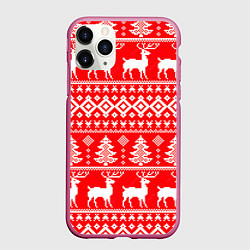 Чехол iPhone 11 Pro матовый Новогодние мотивы елки и олени на красном, цвет: 3D-малиновый