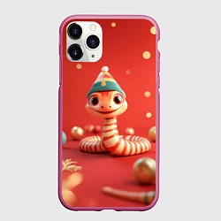 Чехол iPhone 11 Pro матовый Змейка в красном новогоднем интерьере, цвет: 3D-малиновый