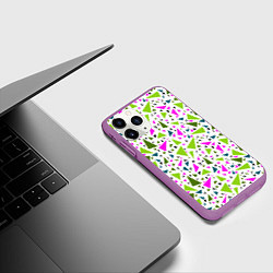 Чехол iPhone 11 Pro матовый Разноцветные неоновые треугольники на белом фоне, цвет: 3D-фиолетовый — фото 2