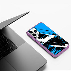 Чехол iPhone 11 Pro матовый Diagonal black and white stripes on a blue backgro, цвет: 3D-фиолетовый — фото 2