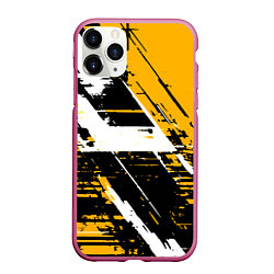 Чехол iPhone 11 Pro матовый Diagonal black and white stripes on a yellow backg, цвет: 3D-малиновый