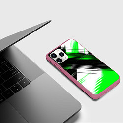 Чехол iPhone 11 Pro матовый Диагональные зелёно-чёрные линии на белом фоне, цвет: 3D-малиновый — фото 2