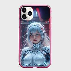 Чехол iPhone 11 Pro матовый Зимняя девушка в кибер костюме, цвет: 3D-малиновый