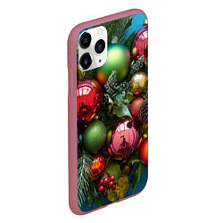 Чехол iPhone 11 Pro матовый Разноцветные новогодние шарики, цвет: 3D-малиновый — фото 2