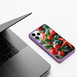 Чехол iPhone 11 Pro матовый Красные шары и звезда новогодняя, цвет: 3D-фиолетовый — фото 2