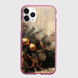 Чехол iPhone 11 Pro матовый Золотые шары на елке, цвет: 3D-малиновый