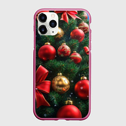 Чехол iPhone 11 Pro матовый Красные шары и бантики на елке, цвет: 3D-малиновый