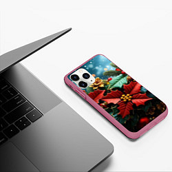 Чехол iPhone 11 Pro матовый Новогодние цветы и шишки, цвет: 3D-малиновый — фото 2