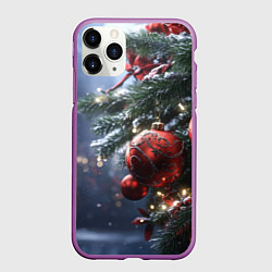 Чехол iPhone 11 Pro матовый Красные новогодние шары с узорами, цвет: 3D-фиолетовый