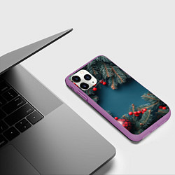 Чехол iPhone 11 Pro матовый Новогодний фон и рябина, цвет: 3D-фиолетовый — фото 2