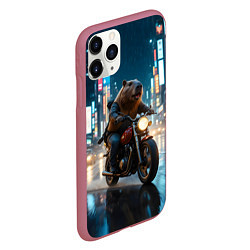 Чехол iPhone 11 Pro матовый Капибара байкер, цвет: 3D-малиновый — фото 2