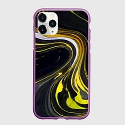 Чехол iPhone 11 Pro матовый Волнистые бело-жёлтые линии на чёрном фоне, цвет: 3D-фиолетовый