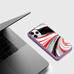 Чехол iPhone 11 Pro матовый Волнистые бело-красные линии на чёрном фоне, цвет: 3D-фиолетовый — фото 2
