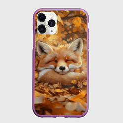Чехол iPhone 11 Pro матовый Лисица спит в осенних листьях, цвет: 3D-фиолетовый