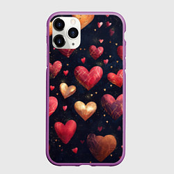 Чехол iPhone 11 Pro матовый Красные и золотые сердечки, цвет: 3D-фиолетовый