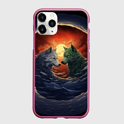 Чехол iPhone 11 Pro матовый Волк и волчица в море под луной, цвет: 3D-малиновый
