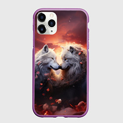 Чехол iPhone 11 Pro матовый Влюбленные волки в цветах, цвет: 3D-фиолетовый
