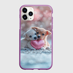 Чехол iPhone 11 Pro матовый Милые щенята с сердечком, цвет: 3D-фиолетовый