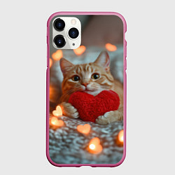 Чехол iPhone 11 Pro матовый Рыжий кот держит сердечко, цвет: 3D-малиновый
