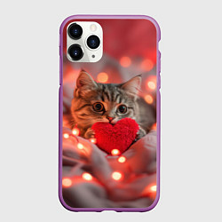 Чехол iPhone 11 Pro матовый Кошечка с сердечком и с гирляндой, цвет: 3D-фиолетовый