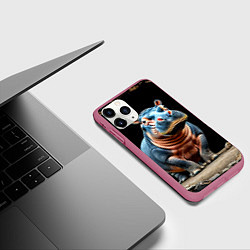 Чехол iPhone 11 Pro матовый Бегемот на черном, цвет: 3D-малиновый — фото 2