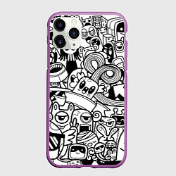Чехол iPhone 11 Pro матовый Black and white doddle monsters, цвет: 3D-фиолетовый