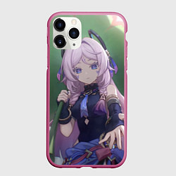 Чехол iPhone 11 Pro матовый Genshin Impact Ситлали под зелёным листом, цвет: 3D-малиновый
