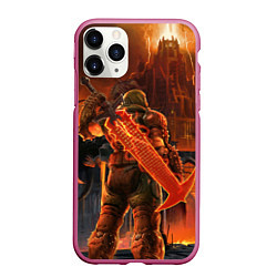 Чехол iPhone 11 Pro матовый Doom slayer and tower Doom, цвет: 3D-малиновый