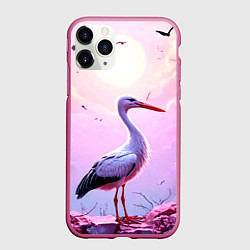 Чехол iPhone 11 Pro матовый Аист в розовых облаках, цвет: 3D-малиновый