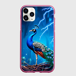 Чехол iPhone 11 Pro матовый Павлин и молния, цвет: 3D-малиновый