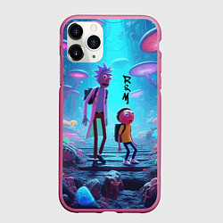 Чехол iPhone 11 Pro матовый Рик и Морти на планете неоновых грибов - нейроарт, цвет: 3D-малиновый