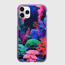 Чехол iPhone 11 Pro матовый Подводный мир с кораллами, цвет: 3D-фиолетовый