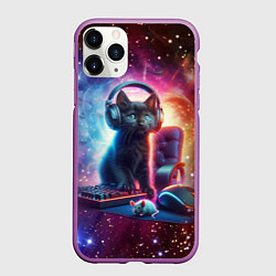 Чехол iPhone 11 Pro матовый Котёнок в наушниках с мышкой в космосе, цвет: 3D-фиолетовый