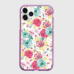 Чехол iPhone 11 Pro матовый Розы красные и бирюзовые, цвет: 3D-фиолетовый