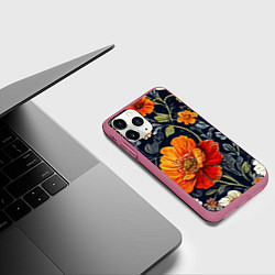 Чехол iPhone 11 Pro матовый Маки и пионы старинный паттерн, цвет: 3D-малиновый — фото 2