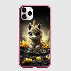 Чехол iPhone 11 Pro матовый Белая единорожка на черном фоне, цвет: 3D-малиновый