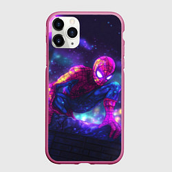 Чехол iPhone 11 Pro матовый Человек-паук неоновый свет, цвет: 3D-малиновый
