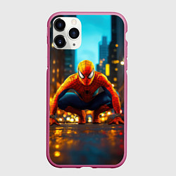 Чехол iPhone 11 Pro матовый Человек паук на старте, цвет: 3D-малиновый