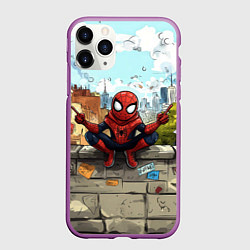 Чехол iPhone 11 Pro матовый Маленький человек-паук в городе, цвет: 3D-фиолетовый