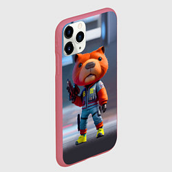 Чехол iPhone 11 Pro матовый Крутой капибара с пистолетом - киберпанк фантазия, цвет: 3D-малиновый — фото 2