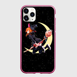 Чехол iPhone 11 Pro матовый Ведьма с яблоком летит на метле, цвет: 3D-малиновый