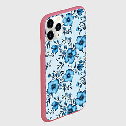 Чехол iPhone 11 Pro матовый Голубые цветы на светлом фоне паттерн, цвет: 3D-малиновый — фото 2
