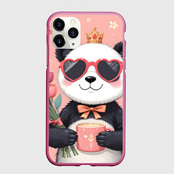 Чехол iPhone 11 Pro матовый Панда с поздравлениями и с цветами, цвет: 3D-малиновый