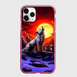 Чехол iPhone 11 Pro матовый Белый волк воет на луну, цвет: 3D-малиновый